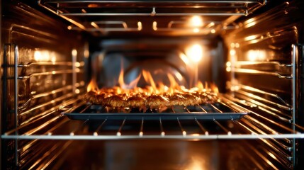 An inside view of an oven with cookies on a tray, flames engulfing them, depicting a humorous and hazardous baking moment that captures attention in culinary scenes.