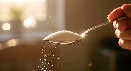 Sugar pouring from spoon, sunlight