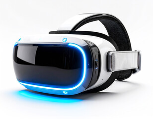Futuristic Virtual Reality Headset with Blue LED Lights on White Background