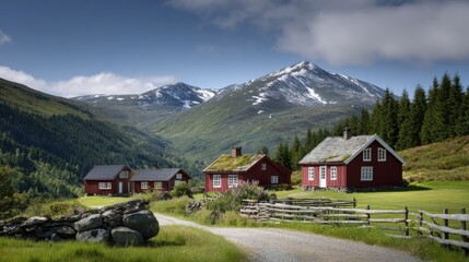 Norwegian rural village with red wooden houses topped with mossy roofs