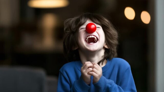 A joyful child wearing a red clown nose and laughing happily indoors