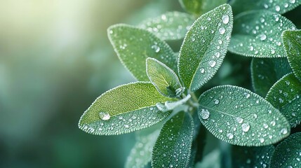 Close up photo of vibrant green sage leaves covered in glistening water droplets during daylight