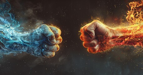 Two fists, one made of ice and the other of fire, facing off. Great for fantasy themes, elemental conflict visuals, and dramatic design projects.