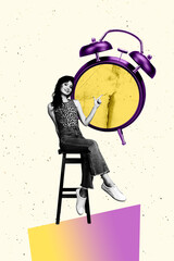 Sketch image art pop trend collage of happy businesswoman sit stool point time dial clock deadline...
