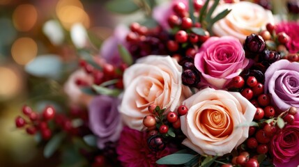 Fototapeta premium A stunning bouquet of colorful roses interspersed with festive berries and greenery, perfect for celebrations or as a vibrant gift to brighten someone's day.