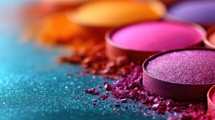 Vibrant eyeshadows in various shades create a stunning visual effect on a reflective surface, perfect for makeup enthusiasts seeking bold, artistic expression and creative inspiration.