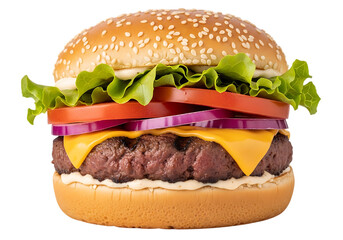 Delicious cheeseburger with lettuce, tomato, and onion isolated on transparent background