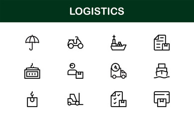 Logistics and Supply Chain Icons – Flat Linear Outline Vector Collection of Truck, Warehouse, Delivery, Box, Parcel, Cargo, Minimal Clean Pack for UI, Web, and Infographics