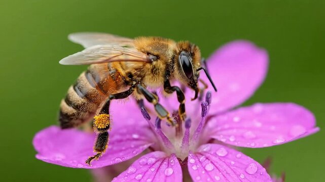 Extreme closeup of honeybee covered in yellow pollen collecting nectar from vibrant purple flower center in dreamlike slow motion nature scene