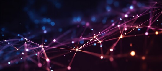 Obraz premium Abstract polygonal background with glowing lines, stars, and connecting dots on dark blue and purple for big data and global digital network technology illustration