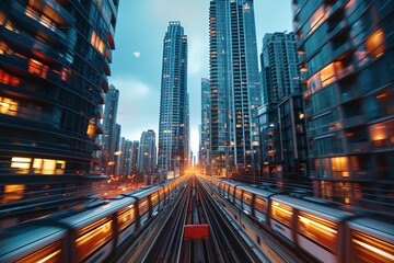 Obraz premium Speeding trains on tracks through tall glowing skyscrapers at twilight. Great for urban tech ads, sci-fi backdrops, and modern transportation visuals.