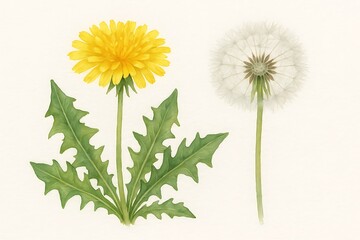 Yellow dandelion flower and white dandelion puff in botanical illustration