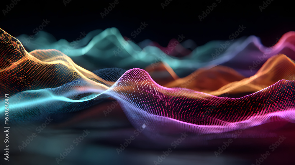 Aufkleber 3d render of a vibrant, abstract representation of lght waves in various neon olors against a dark b