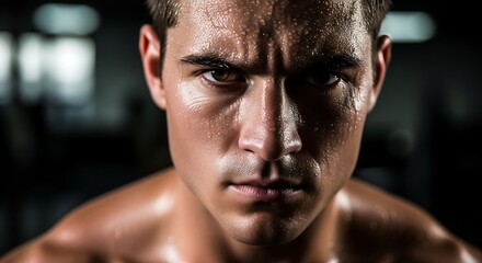 Close-up of Determined Male Athlete Straining During Intense Gym Workout Under Dramatic Lighting