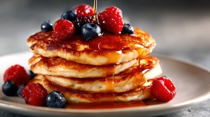 This scrumptious stack of fluffy pancakes topped with fresh raspberries and blueberries, drizzled with syrup, embodies a delightful breakfast experience that is sure to please anyone.
