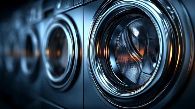 Close-up of industrial washing machines with metallic drums in a laundromat