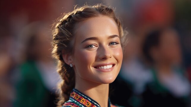 Half-body portrait of a woman wearing a traditional Irish dance dress 