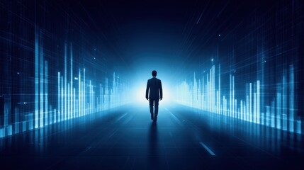 Fototapeta premium financial market concept. A silhouette of a businessman walks towards a glowing blue digital landscape, symbolizing innovation and data-driven futures.
