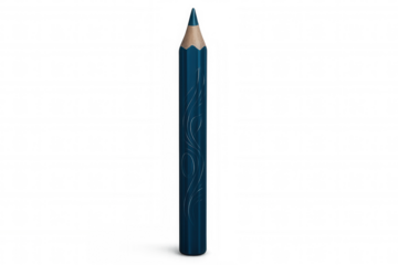 Blue pencil standing upright on a transparent background, showcasing an ornate design etched into its surface