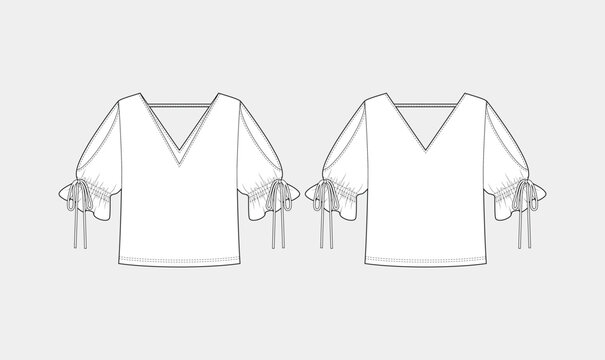 tops sketch vector, girls v-neck tops, cut sleeves with bow, technical drawing, crop top fashion design flat sketch illustration, front and back view, white background 