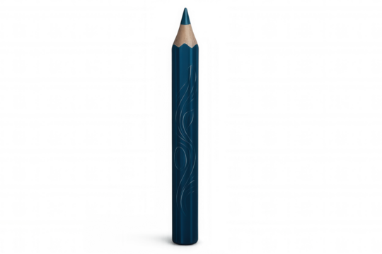 Blue pencil standing upright on a transparent background, showcasing an ornate design etched into its surface