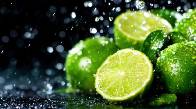 A vibrant arrangement of fresh green limes glistens with droplets of water, showcasing their luscious texture and color, perfect for culinary and beverage inspirations.