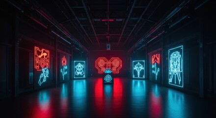 Futuristic, neon-lit hallway with glowing, graphic panels