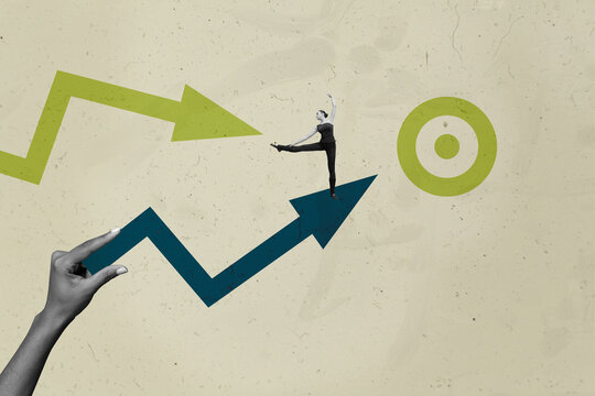 Collage with person observing rising arrow symbolizing startup growth business income statistics trading decrease increase