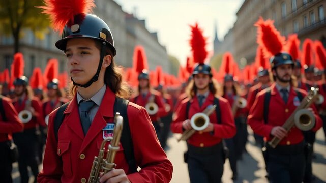 Dynamic Labour Day Marching Band Parades: Celebrate Workers and Civic Unity with Premium Editorial Imagery - Perfect for Photo Stock Concepts with Left Space