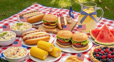 Fototapeta premium A picnic spread with hot dogs, hamburgers, corn, watermelon, and other food items on a red and white checkered tablecloth with American flags and a pitcher of lemonade.