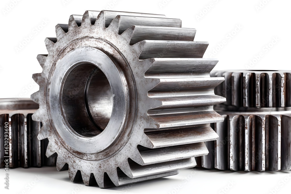 Poster close-up of metallic gears showcasing intricate details and textures against a clean background