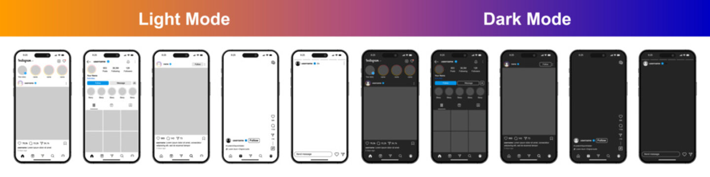 Instagram reels and post feed template mockup in white and dark modes, social network screen interface on Iphone smartphone, latest update