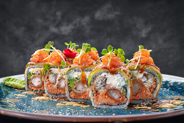 Fresh sushi rolls filled with seafood