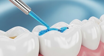 Applying blue dental adhesive to a tooth cavity for filling procedure