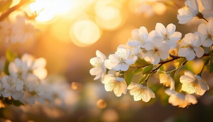 blossoms in golden light delicate white blossoms exquisitely lit by a warm golden light dance against a soft bokeh filled backdrop invoking feelings of peace and renewal