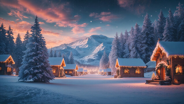Christmas village in snowy mountains glowing at sunset