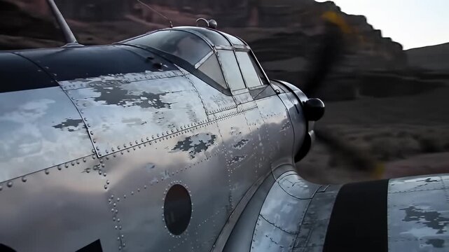 Riveted silver aircraft soars, backdrop of blurred brown mountain range