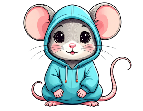 Kawaii Rat Wearing Hoodie, Sitting Pose, isolated transparent background png