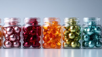 An artistic arrangement of colorful spheres displayed in clear glass jars, creating a visual feast of colors and textures that draw the viewer's eye and imagination.