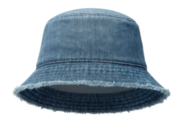 Denim bucket hat with frayed edges and a washed-out blue finish