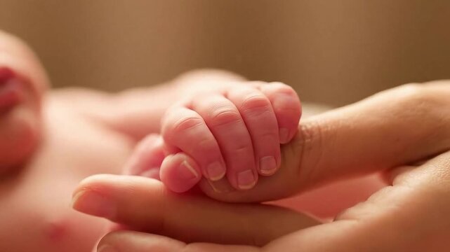 Tender closeup of newborn baby's tiny hand grasping adult female finger in soft warm lighting creating loving bonding moment