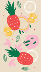 Colorful flat style illustration of assorted fruits and vegetables, whole and cut into slices. Minimal modern artwork for healthy food themes, packaging design, posters and decorative projects.
