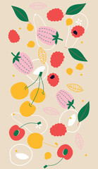 Fototapeta premium Colorful flat style illustration of assorted fruits and vegetables, whole and cut into slices. Minimal modern artwork for healthy food themes, packaging design, posters and decorative projects.