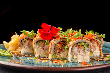 Fresh sushi rolls filled with seafood