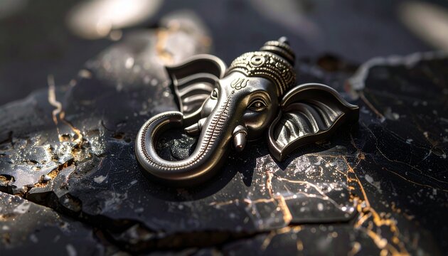 An abstract metallic Ganesh symbol engraved on a polished stone surface, highlighted by dramatic shadows and radiant reflections - Powered by Adobe