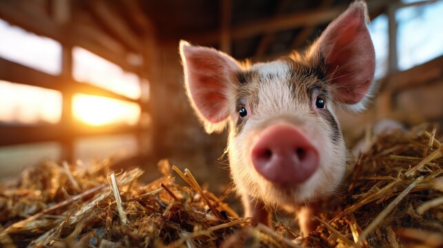 A cute piglet looking inquisitively at the camera, set in a barn surrounded by golden hay as the warm glow of the sunset creates a serene and peaceful ambiance.