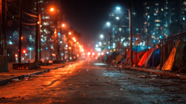 An empty street illuminated by ambient lights paints a mysterious nighttime scene, reflecting themes of solitude, loneliness, and contemplation in urban landscapes after hours.