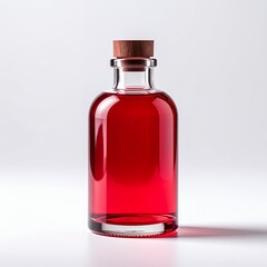 Elegant glass bottle filled with vibrant red liquid and wooden cork on white background