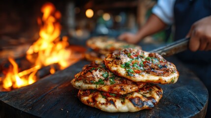 This captivating image showcases a stack of freshly grilled naan bread, vibrant with herbs and vegetables, nestled near a roaring fire, evoking warmth and flavor.