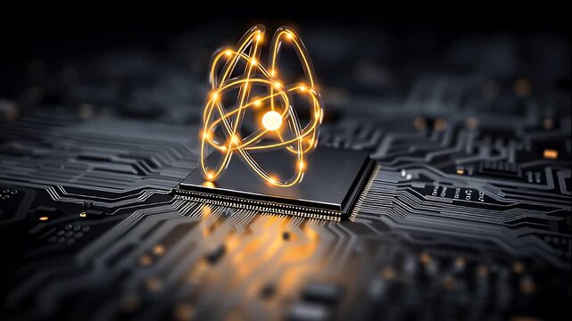 Artful circuit board background showcasing glowing atom, highlighting quantum technology, semiconductor innovation, and advanced electronics design